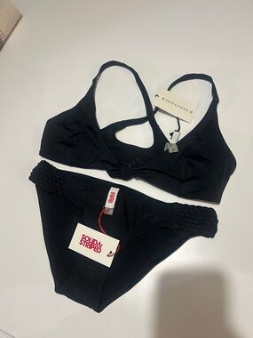 SOLID & STRIPED Black Knotted Bikini Top with Braided-Side Bottoms